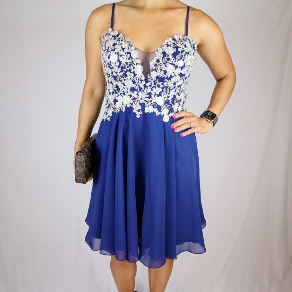 Faviana Navy Blue Lace Lace Bodice Dress $298 NWOT - Picture 2 of 10